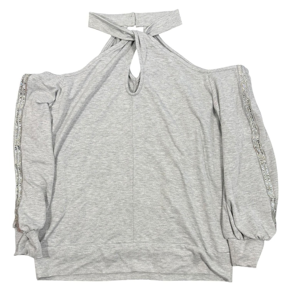 VENUS Cold Shoulder Top Womens L Gray Rhinestone Keyhole Halter Long Sleeve - Picture 8 of 17